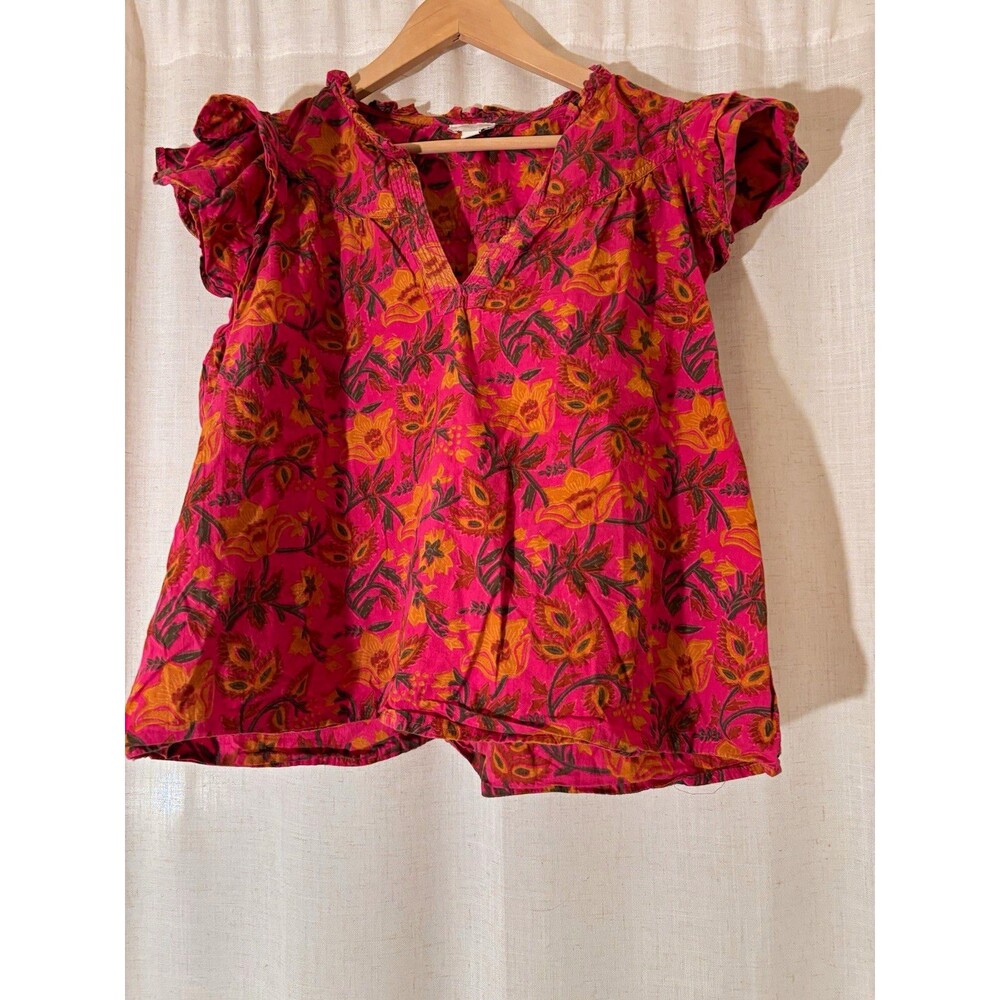 Boho Cottagecore Jennifer & Grace Fuchsia Pink V-Neck Blouse, Size L
